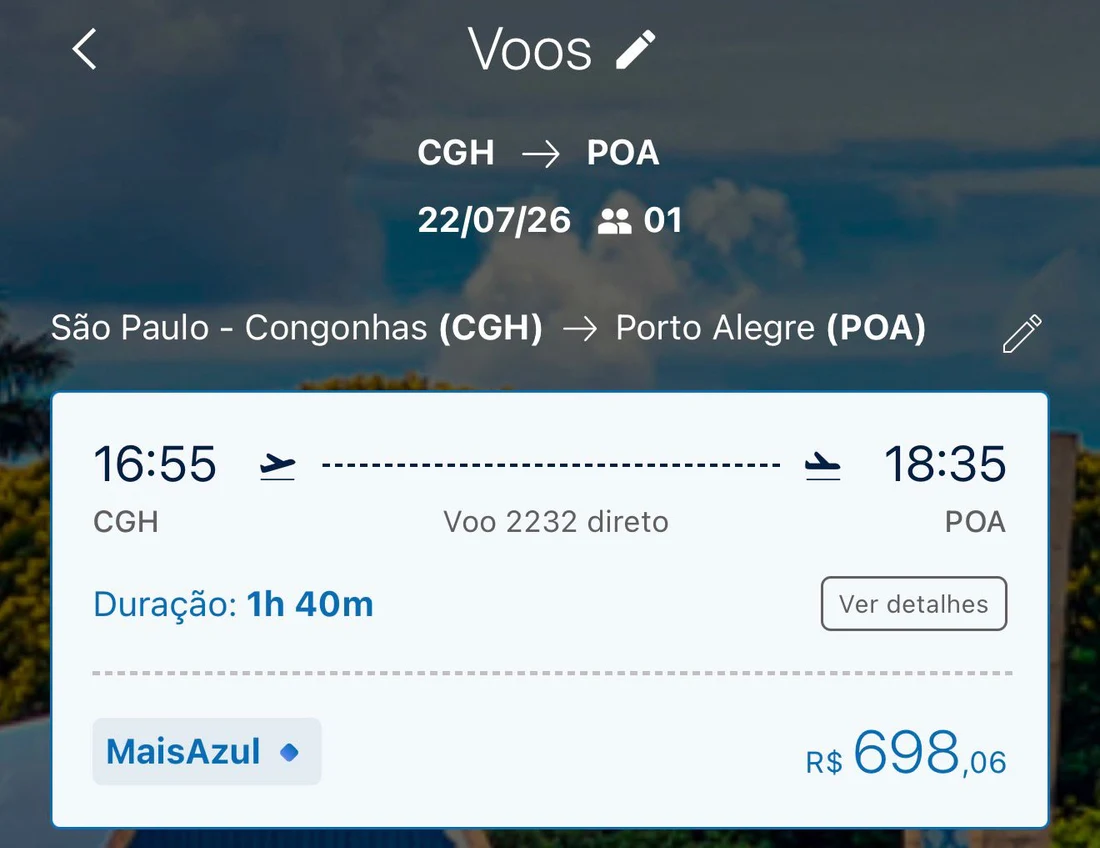 Passagem em dinheiro: R$698