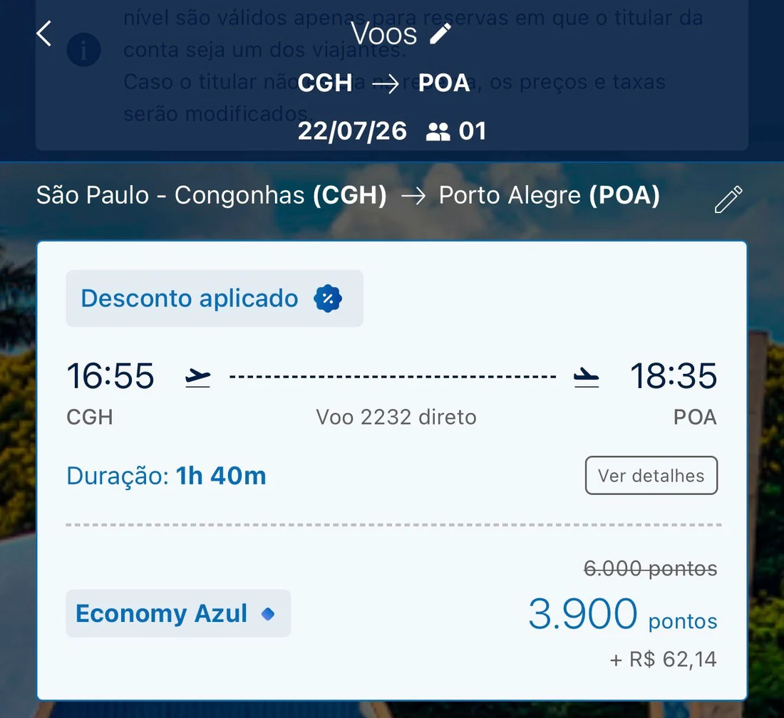 Passagem em milhas: 3.900 milhas